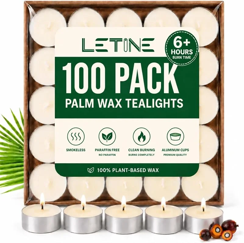 LETINE Velas de té de cera de palma, 100 unidades, 6 horas, sin parafina, velas pequeñas sin fragancia, velas blancas, de larga duración para bodas, fiestas, Halloween y Navidad — Cena a la luz de velas