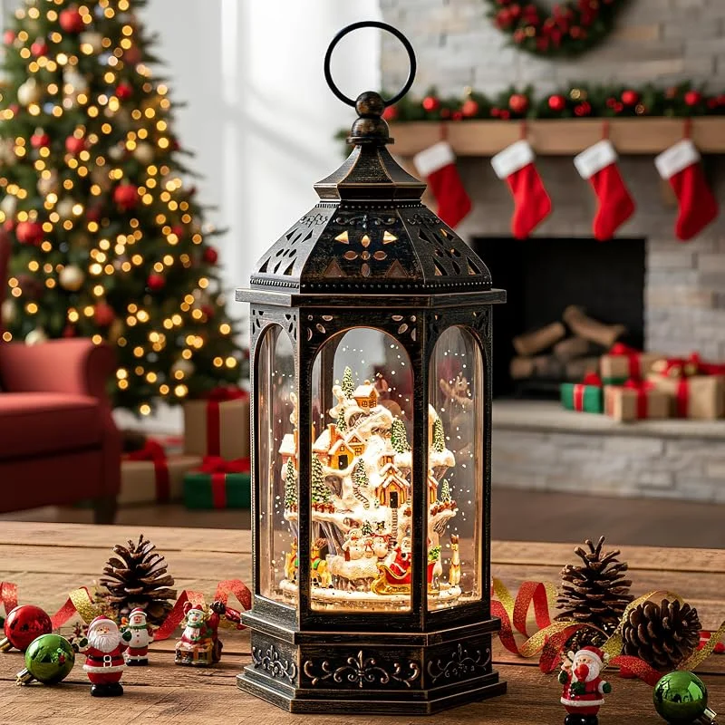 Qualdout Edificios animados de pueblo de Navidad con figuras en movimiento, linterna de agua iluminada, forro USB, funciona con pilas, globo de nieve para decoración de festivales de Navidad, regalos — Decoracion Navidad