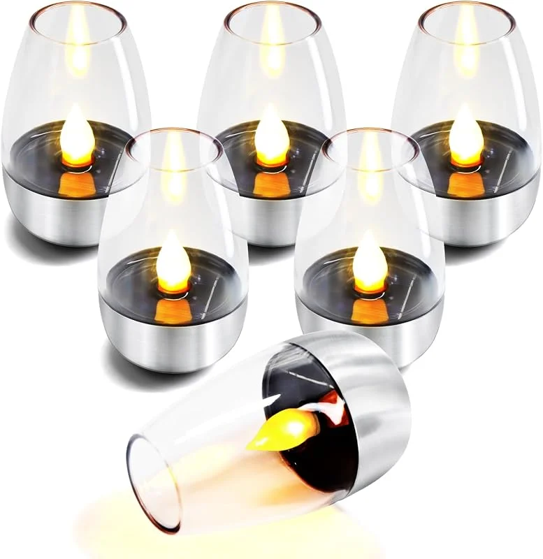 Civikyle 6 velas LED eléctricas de té solares recargables, parpadeantes, lámparas solares para exteriores, resistentes a la intemperie, jardín, terraza, balcón, decoración — Cena a la luz de velas