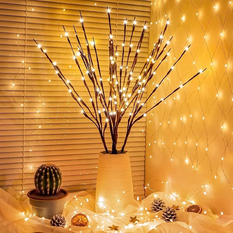 Ruutcasy luces de rama LED, alimentadas por batería, juego de 2 luces de rama flexibles de 73 cm para decoración de interiores, tienda, ventanas, jarrón, mesa, sala de estar, luz blanca cálida — Luces Navidad