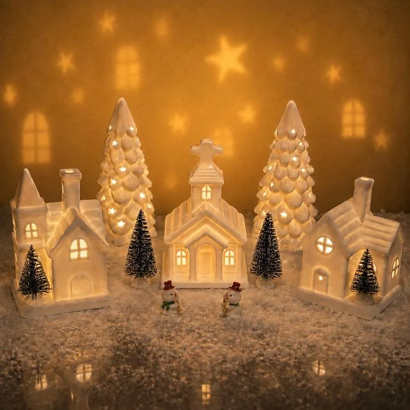 JesMolla Casas de pueblo de Navidad de cerámica blanca, juego de 11 piezas iluminadas con temporizador de 6 horas, casas y árboles que funcionan con pilas para decoración navideña de interior (pilas — Decoracion Navidad