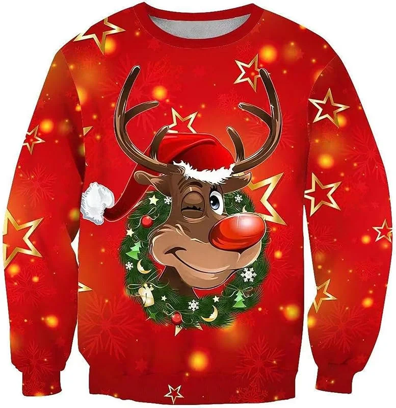 PINTUTU Sudadera Navidad para Hombre Jersey Sudaderas Navideñas Reno Manga Larga Pullover Sudaderas Informales para Hombre Top Estampado con Cuello Redondo Ropa Festiva de Navidad Cómodo — Ropa Navidad