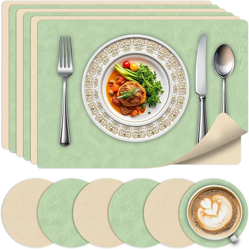 Visita la tienda de BLESWIN Juego de 6 Salvamanteles y Posavasos - Salvamanteles Lavables Resistentes al Calor, Diseño de Cuero de Doble Cara Antideslizante para Cocina, Hogar, Restaurante — Hogar y cocina