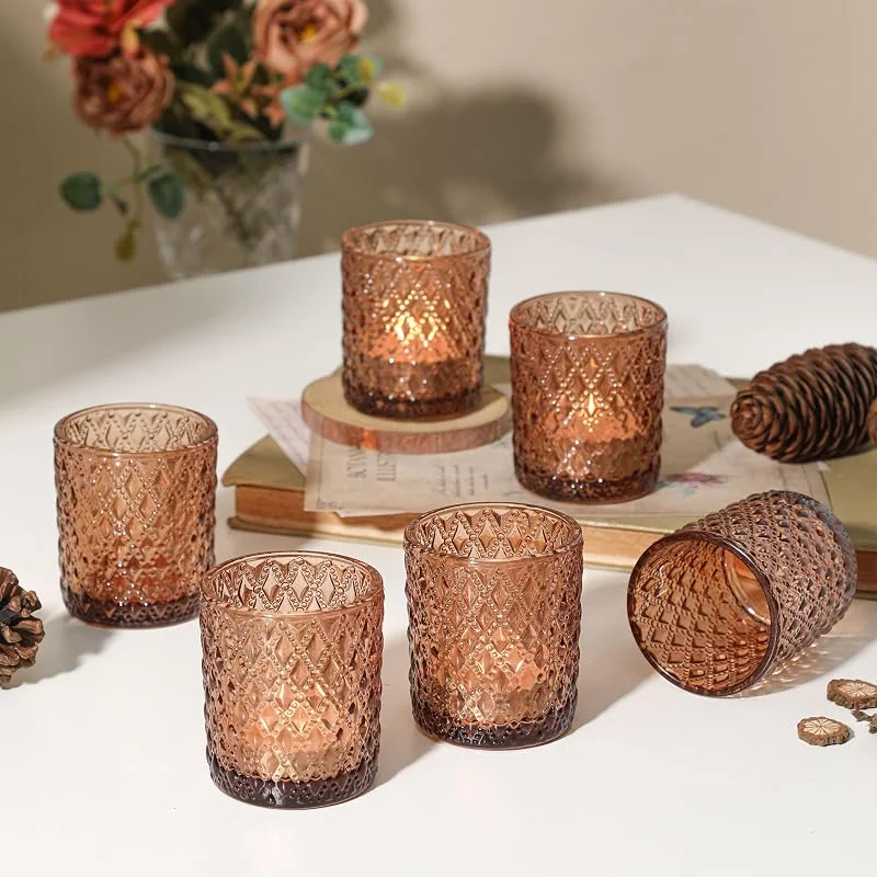 FUND AMLIGHT 12 vasos de cristal marrón para velas de té, portavelas de cristal para mesa, portavelas votivas, bodas, Navidad, centros de mesa para el hogar — Adviento y mesa