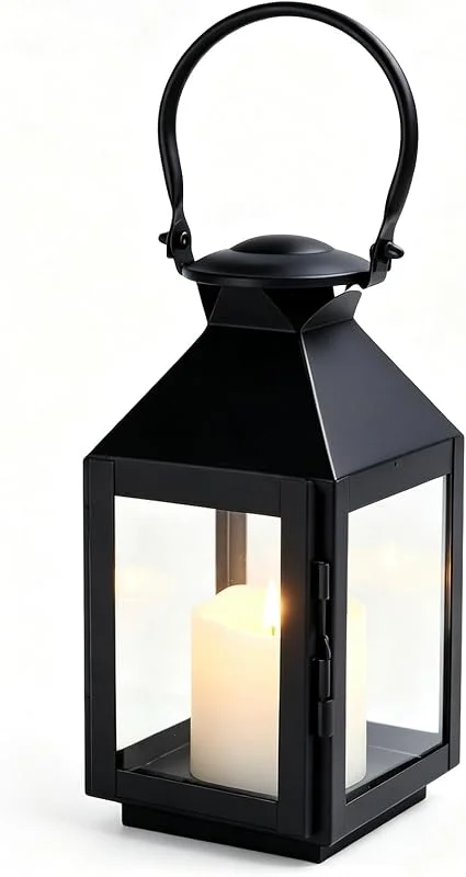 VETOLAKA Farol negro de metal XS, farolillo para velas: farol de cementerio resistente a la intemperie, farolillo de jardín exterior con base de cristal, portavelas retro para exteriores e interiores, para — Cena a la luz de velas