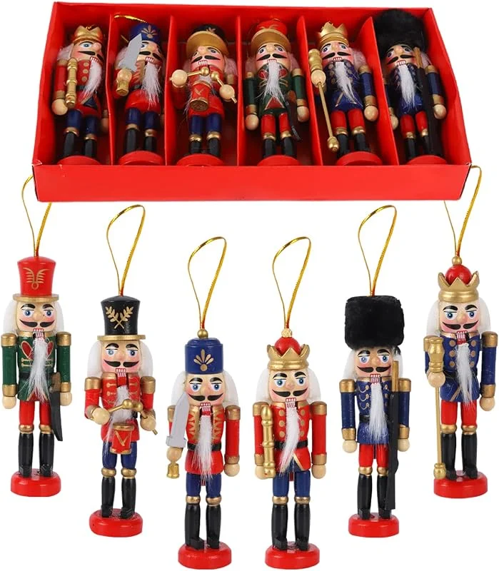 Jodsen 6 Piezas de Madera Soldado Cascanueces, 13 cm Marioneta, Figuras del Rey Cascanueces, Adornos para la Decoración Tradicional del Árbol de Navidad, Decoración para Fiestas — Decoracion Navidad