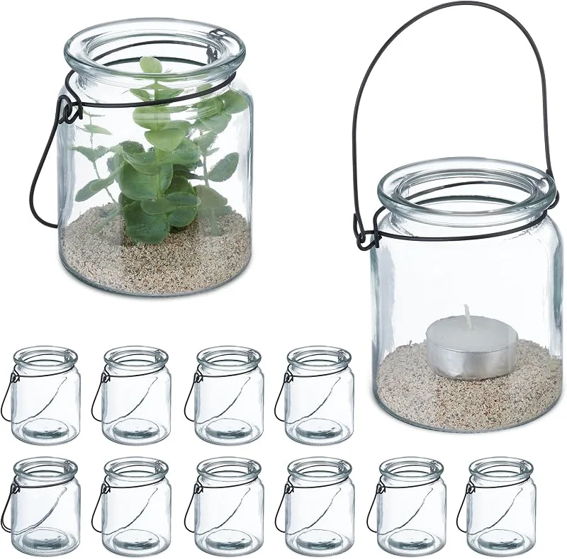 Visita la tienda de Relaxdays Relaxdays Portavelas Cristal, Set de 12, Porta Velas con Asa, 9, 5 x 8 cm, Tarros Vidrio Redondos, Transparente, Negro — Cena a la luz de velas