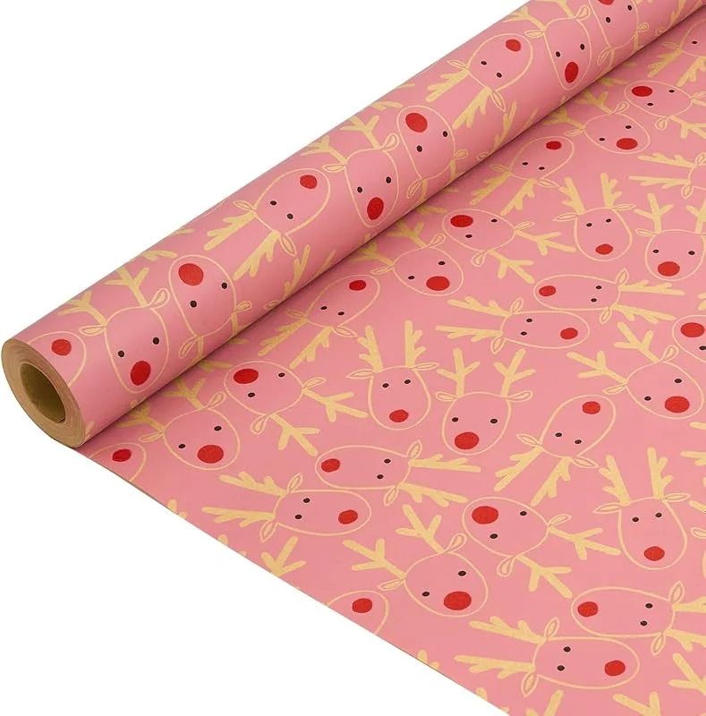 BIULDPY Papel Kraft para Envolver Regalos Navideños: Rollo Reciclable con Cabeza de Reno Rosa para Navidad, Cumpleaños y Acción de Gracias - 43 cm x 15 m — Envoltorio regalo