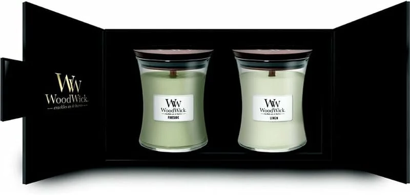 Visita la tienda de Woodwick WoodWick Set de regalo de velas perfumadas, Velas perfumadas Fireside & Linen Hourglass con mechas crepitantes, Hasta 60 horas de duración, Caja de regalo, Regalos perfectos para mujeres — Cena a la luz de velas