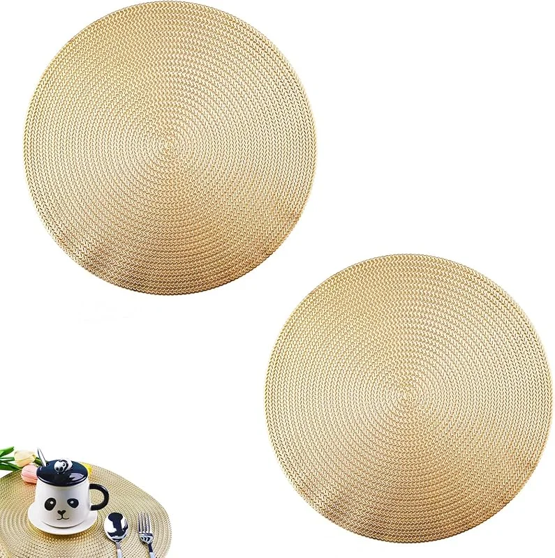 Spldsun 2 Piezas Manteles Individuales Redondos de Oro, Mantel Individual con Aislamiento Térmico, Mantel Individual Redondo de PVC, para Portaplatos, Decoración de Mesa (Dorado) — Hogar y cocina