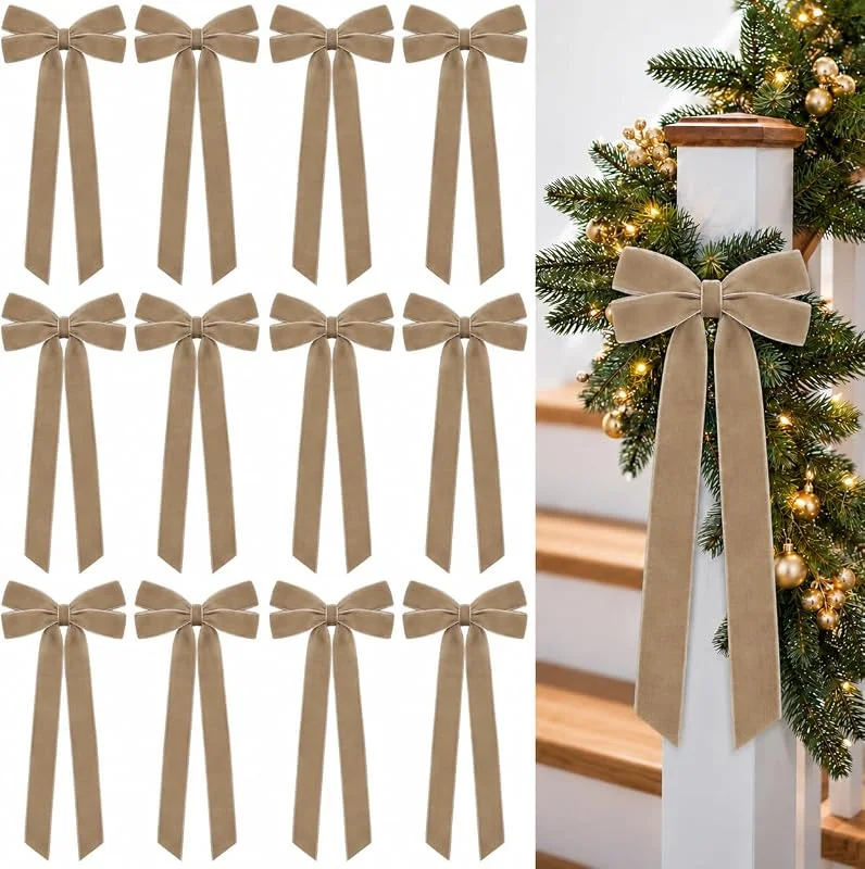 LQTSLFM 12 Piezas Lazo Arbol Navidad 13 × 26 CM Lazos Navideños Grandes Lazos Terciopelo Arbol Navidad para Guirnaldas, Chimeneas, Envoltorios de Regalo — Envoltorio regalo