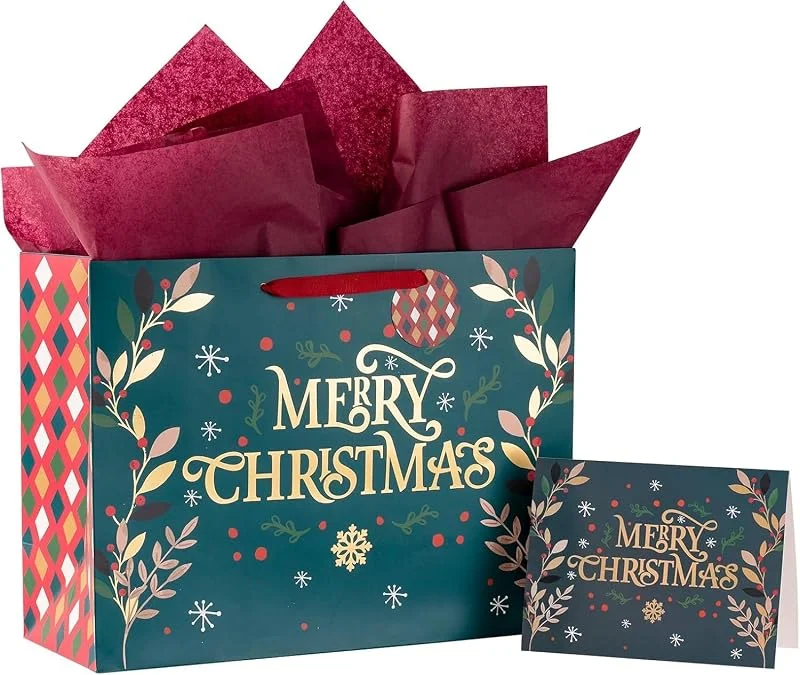 LATERN 4 Piezas Grandes Bolsas de Regalo Navideñas con Tarjeta de Felicitación, 40CM x 30CM x 15CM Bolsa de Papel Kraft con Etiqueta de Regalo y Papel de Seda para Navidad Regalo Embalaje — Envoltorio regalo