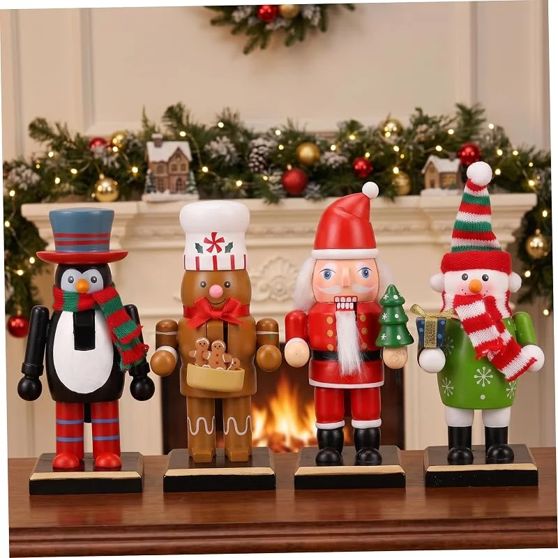 Faticenic Figuras de cascanueces, 4 piezas de 16 cm de madera de Papá Noel, muñeco de nieve, hombre de jengibre, pingüino, adornos de cascanueces, decoración de mesa para chimenea de escritorio interior — Decoracion Navidad