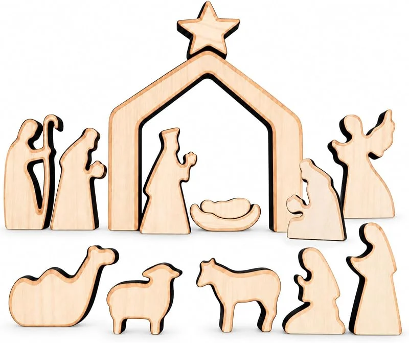 Nehaluxiso Belén navideño de 14 Piezas, belén de Madera, Figuras de belén — Decoracion Navidad