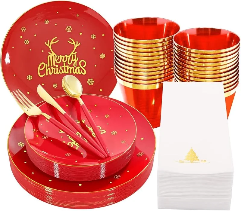 KAHEIGN 175 Piezas Reutilizable Vajilla Navideña de Plástico Rojo con Borde Dorado - 25 Platos Llano, 25 Platos Ensalada, 25 Cuchillos, 25 Tenedores, 25 Cucharas, 25 Servilletas para 25 Invitados — Adviento y mesa