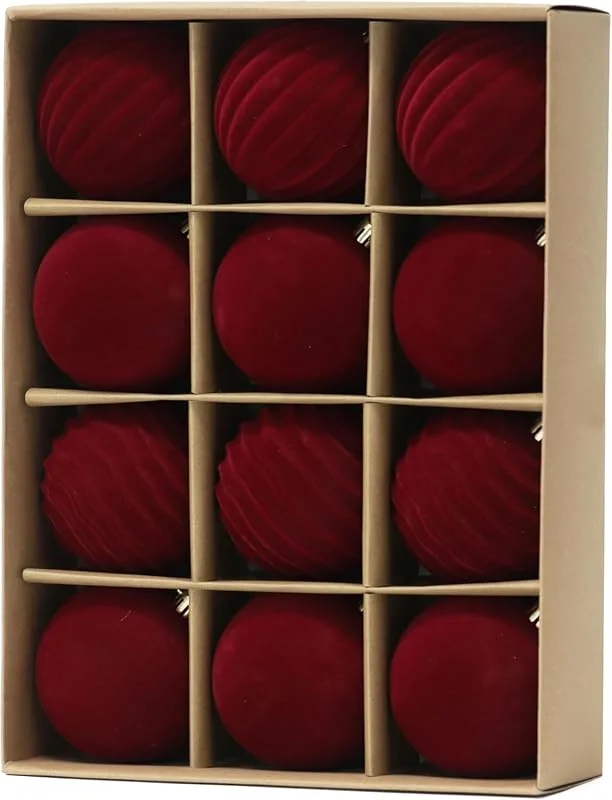 LATERN 12 Piezas Bolas Navideñas de Terciopelo, 8CM Rojo Flocado Adornos Navideños Bolas Navideñas Irrompibles para Árbol de Navidad Festivo Hogar Navideña Fiesta Decoración (3 Estilos) — Decoracion Navidad