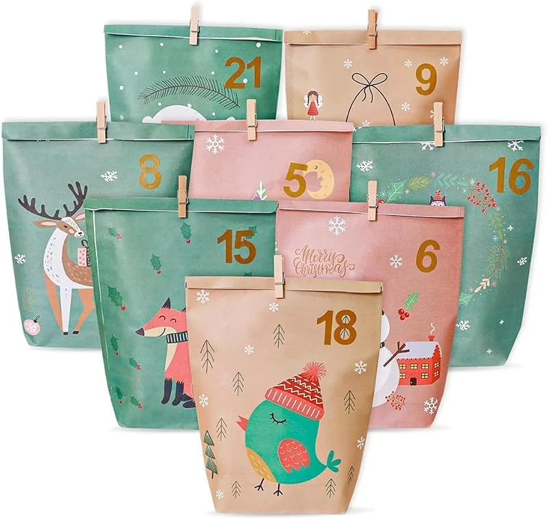 Jsdoin Calendario de Adviento para Rellenar 2027, 24 Bolsas de Adviento Bolsas de Papel pequeñas, Pegatinas de números – Calendario de Adviento (colorido) — Adviento y mesa