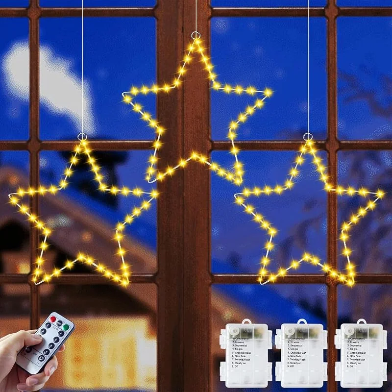 Gizmify Luces Navidad Estrellas, 3 Pack 120 LED Cortina Luces Navidad a Pila con Temporizador, 8 Modos, Control Remoto, Luces de Decoración para Interior Exterior Navidad, Fiesta, Balcón — Decoracion Navidad