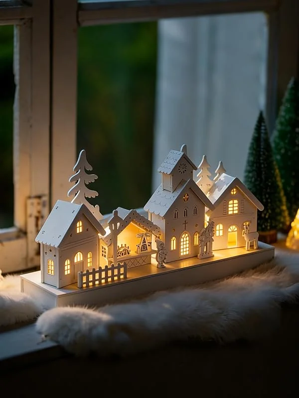 Romadedi Decoración navideña de madera para interior de casa de luz: LED blanco pueblo de Navidad con iluminación, decoración de madera, soporte de Navidad, alféizar de ventana, chimenea, decoración — Decoracion Navidad
