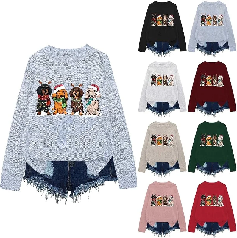 Generic HUIFUAO - Suéter de Navidad para mujer, lindo estampado de perro salchicha, suéter de Navidad con estampado de perro salchicha, suéter de punto suave, manga larga, blusa, disfraz de festival — Ropa Navidad