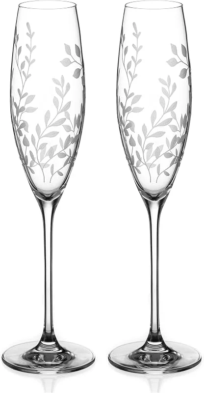 DIAMANTE Copas de champán de cristal para prosecco – 'Breeze' – Patrón de hojas florales grabadas intrincadamente – Juego de 2 — Vino y mesa festiva