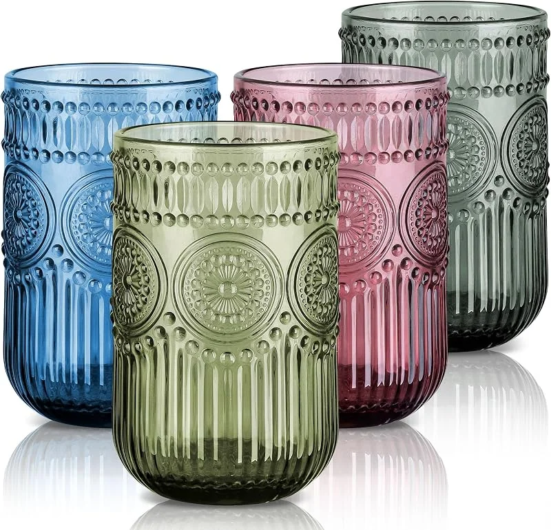 Visita la tienda de Joeyan Joeyan 410ml Vasos de Cristal agua Colores con Relieve Floral, Juego de 4 — Vino y mesa festiva