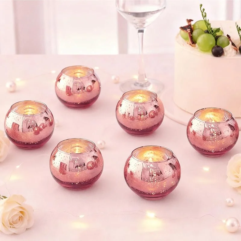 Jinavoty 6 portavelas de cristal de mercurio azul para centros de mesa, hogar, despedida de soltera, cumpleaños, decoración de mesa de fiesta (6, rosa) — Cena a la luz de velas