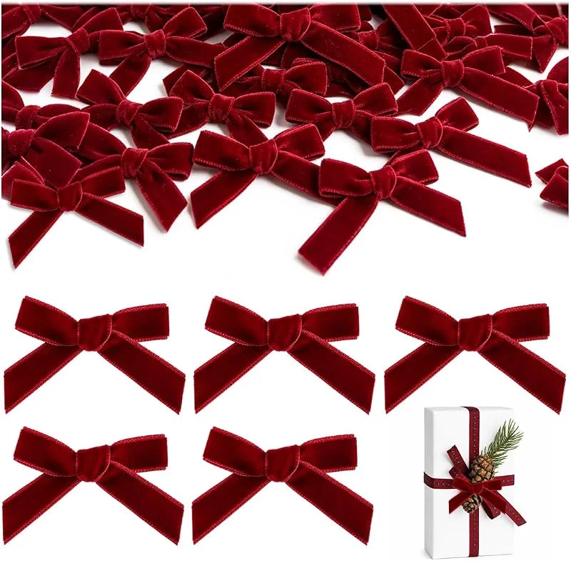 FCPEAG 50pcs Lazo De Terciopelo Rojo Decoración Lazo De Navidad Pequeño — Envoltorio regalo
