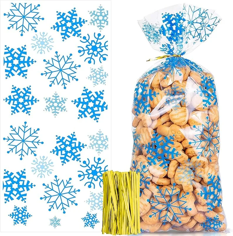Mizijia 100 Piezas Bolsas de Celofan Navidad, Bolsa Transparente de Dulces de Galletas Navideñas, Bolsa de Regalo de Bolsa de Celofán de Navidad con 100pcs Lazos de Torsión (azul) — Hogar y cocina