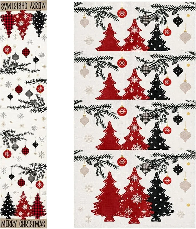 Keboyoe Camino de Mesa Navidad 183 x 30cm+4 Manteles Individuales Navidad 32X42cm — Hogar y cocina