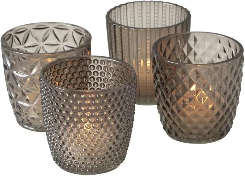 Boltze Juego de 4 Portavelas Marilu - Gris, Decorativos para Té, Ø 8 cm, Varios Diseños, Forma Redonda - 2002930 — Cena a la luz de velas