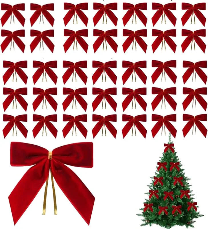 Zeaying 36 Piezas Lazos de Terciopelo Rojo, Lazos Navideños Decoración — Envoltorio regalo