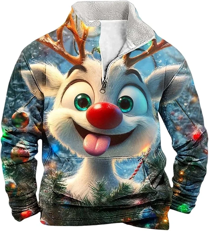 PINTUTU Jersey de Navidad para Hombre, Divertido Forro Polar, cárdigan de Navidad, Sudadera navideña para Hombre, impresión 3D, cárdigan de Reno, 1, 4 Cremallera, otoño e Invierno Cómodo — Ropa Navidad