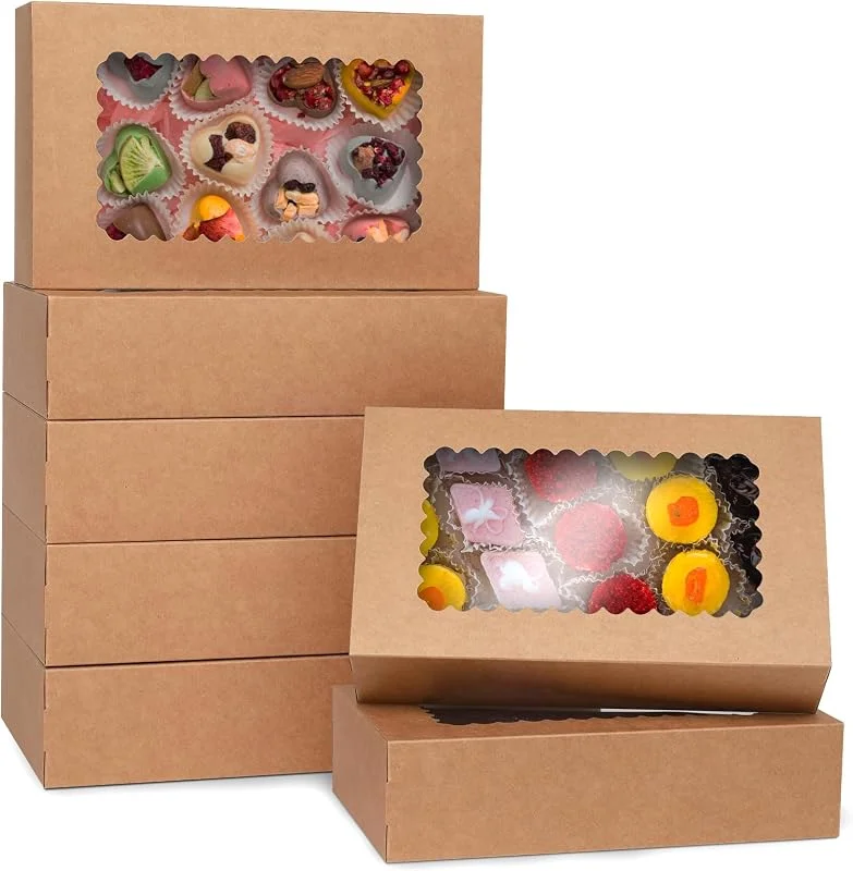 GXFCING 24 Piezas Caja de Reposteria de Cartón Kraft, 25, 4 x 15, 3 x 6, 4 cm Caja de Regalo con Ventana para Embalaje de Pastelería, Cupcakes, Macarons, Bizcochos, Galletas de Navidad — Envoltorio regalo