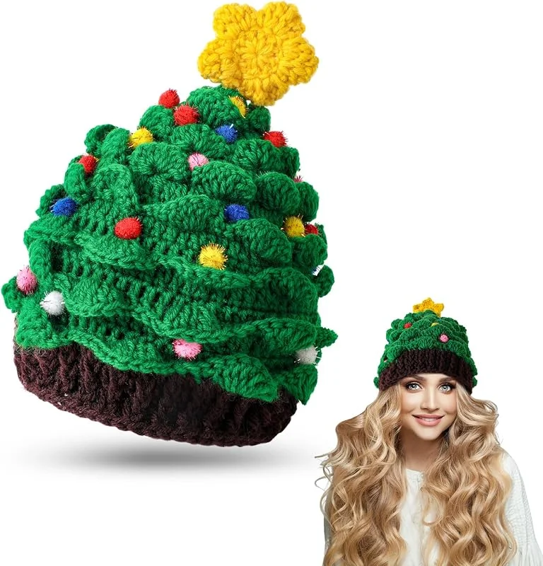 Beipegin Gorro Navidad Árbol de Navidad Gorro de Lana Gorros Santa Claus Sombrero de Navidad Accesorios de Navidad Fiesta para Adulto Niño — Ropa Navidad
