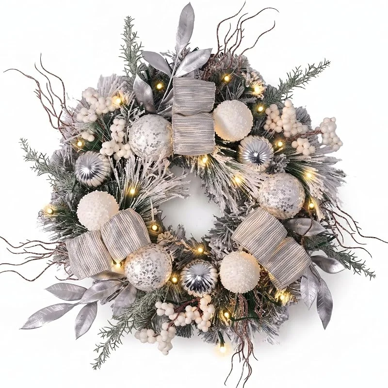 Visita la tienda de Valery Madelyn Valery Madelyn Corona de Navidad iluminada de para Puerta Delantera, Corona de Navidad preiluminada Blanca y Plateada, Arrecife de Navidad con 15 Luces LED y Cinta para decoración de Navidad al — Decoracion Navidad