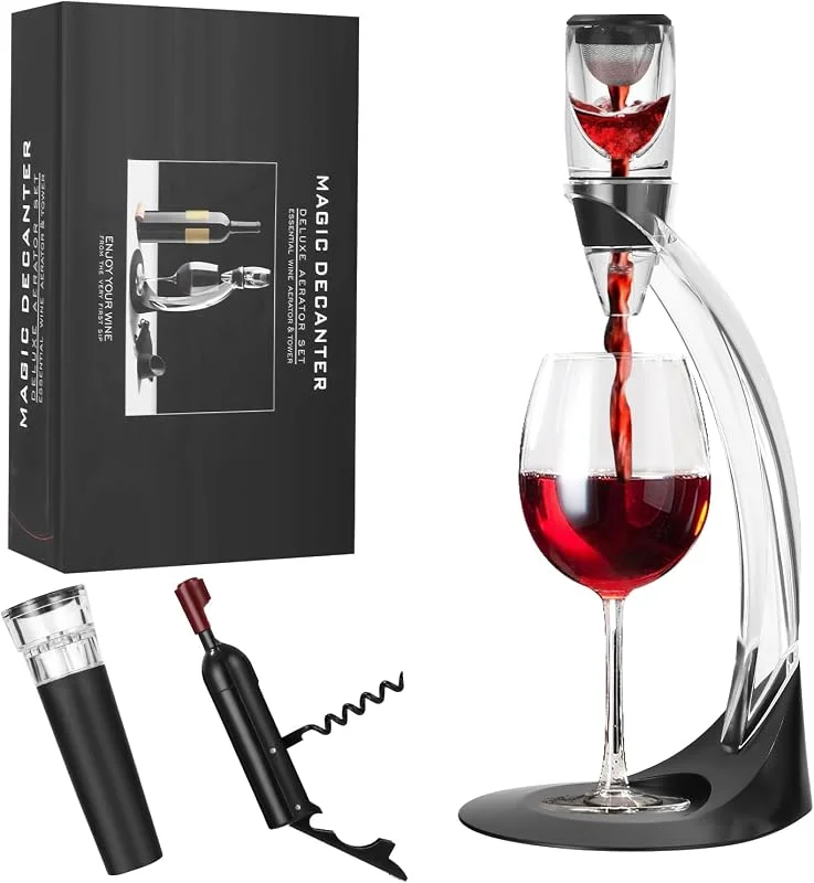 Zaxiva Set de Lujo Zaxiva Decantador de Vino, Decantador de Vino Aireador de Vino, Tapón al Vacío y Sacacorchos Elegante, Accesorios Disfrutar del Vino — Vino y mesa festiva