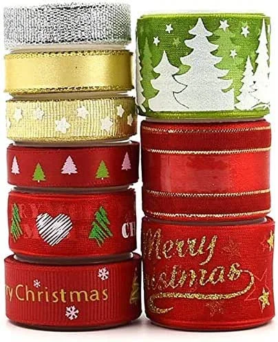 Gukasxi 9 Rollos Cintas de Navidad Tela Decoración Manualidades Cintas Lazos Embalaje Regalo Cajas Flores Arbol Navidad Fiestas Casa Roja Dorada Verde Blanco navideña Ribbon Strap Trim Hair Band Costura — Envoltorio regalo