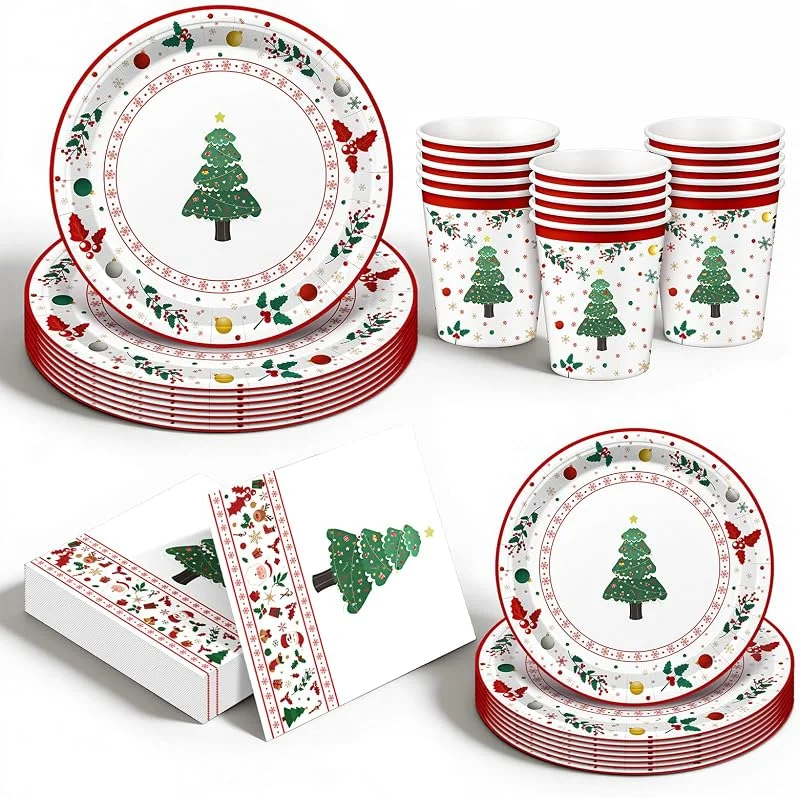 Foyucool Juego de Vajilla para Fiesta Árbol de Navidad, 25 Personas — Adviento y mesa