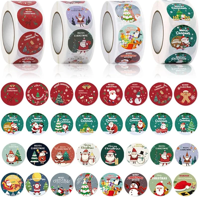 Tesyeux 2000piezas Etiquetas Adhesivas de Navidad Redondas, Rollo de Pegatinas Navideñas, Pegatinas Adhesivas de Decoración Navideña, Pegatinas de Sobre Presenta Pegatinas Decorativas para Decoración de Fiestas — Envoltorio regalo