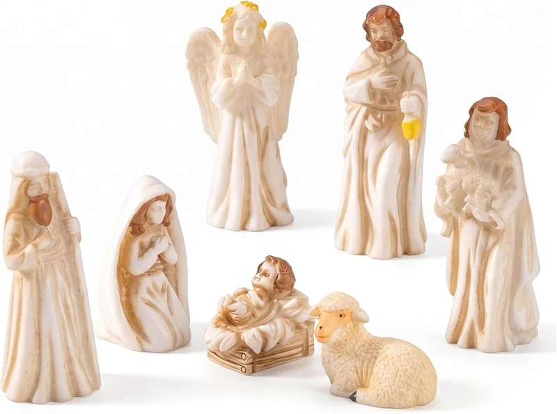 Bemonew Mini Belén Set 7PCS Figuras navideñas de resina Decoración cristiana Blanco — Decoracion Navidad