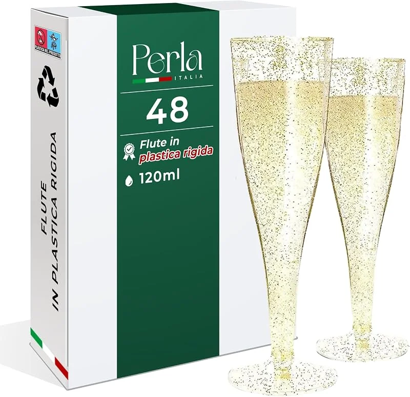 Perla Italia Perla - 48 Copas de Champán de Plástico, 120ml - Copas de Cava Reutilizables - Vasos de Champagne Plastico para Cócteles, Vino, Postres - Flautas de Champán para Bodas, Fiestas — Vino y mesa festiva