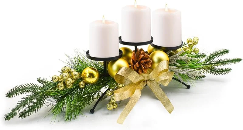 MrMrKura Centro de Mesa de Navidad con 3 portavelas, decoración navideña de Mesa con piñas de Pino, Lazo y Bolas de Bayas Doradas para Comedor, Fiesta en casa (Dorado) — Decoracion Navidad