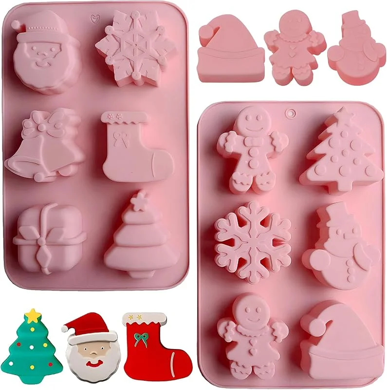 Vulevirtue 2Pcs Moldes Silicona Navidad, Moldes de Silicona para Hornear de Navidad, para Hornear Pasteles, Chocolate, Pan de Jengibre, Muffin, Dulces, Jabón(12 Elementos Navideños) — Hogar y cocina