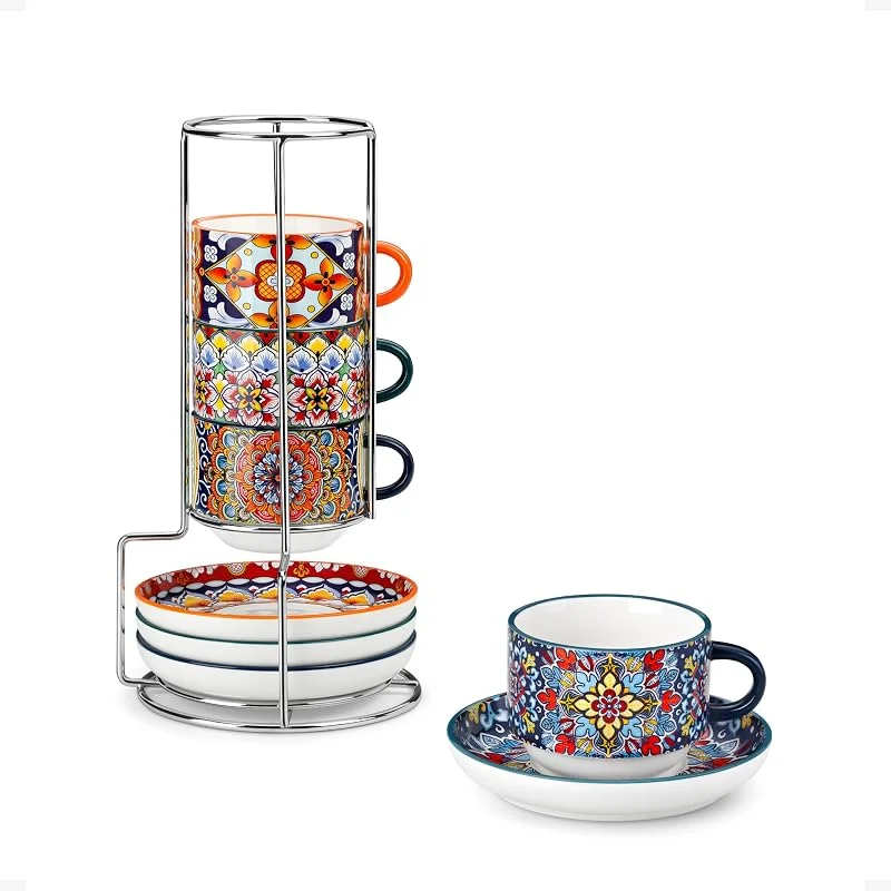 Visita la tienda de vancasso vancasso SIMI Juego de 8 Tazas de Café y Platillos (90 ml) - Tazas Cafe de Cerámica para 4 Personas, para Leche, Expresso y Capuchino - con Soporte de Metal - Estilo Bohème - Lavavajillas — Adviento y mesa
