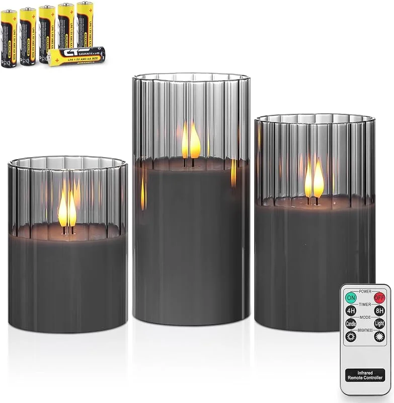 Visita la tienda de Rhytsing Rhytsing 3 Velas led de Cristal Rayas Verticales Gris con Mando a distancia, Velas a Pilas con Temporizador Decorativas para Navidad, Altura 10cm, 12, 5cm, 15cm (Gris) — Cena a la luz de velas