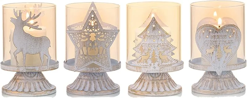 Visita la tienda de Sziqiqi Sziqiqi Juego de 4 Candelabros de Metal Portavelas Blanco para Centro de Mesa Candelabros con Velas de Huracán Prefieren Centros de Mesa para Decoración de Chimenea de Manto de Mesa Navideña, Blanco — Decoracion Navidad