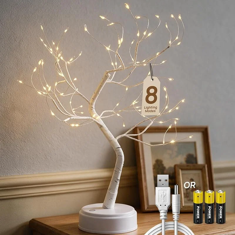 ChaneeHann Árbol Luminoso LED 108 Luces, Abedul Decorativo con 8 Modos de Iluminación, Funciona con USB o Pilas, Árbol LED Interior para Navidad, Mesa, Salón, Fiesta, Primavera — Cena a la luz de velas