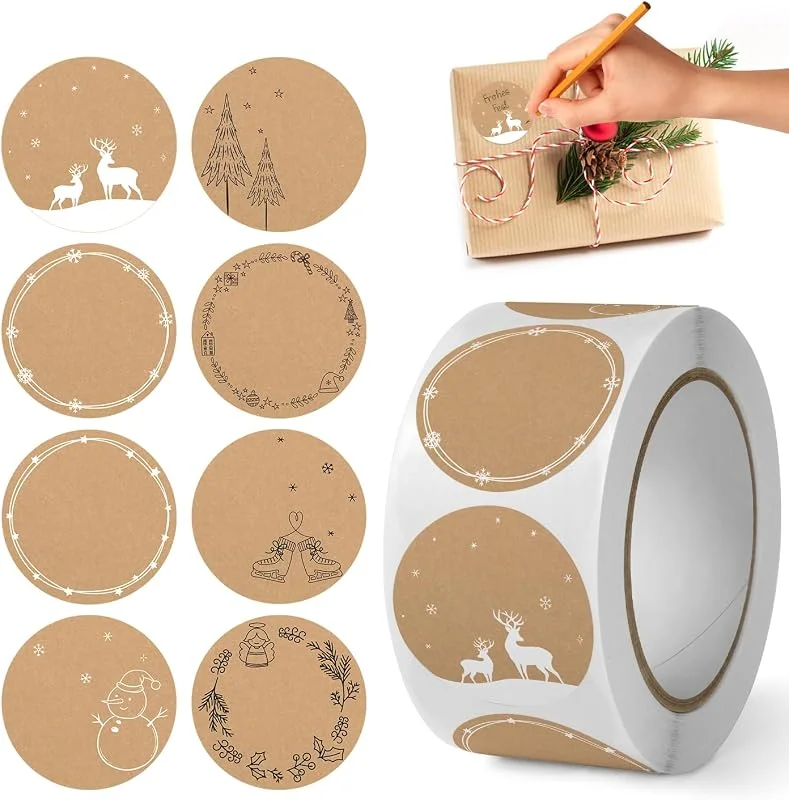 Augesak 500 Piezas Pegatinas Navidad, Etiquetas Regalo Navidad Redondas en 8 Estilos, Pegatinas Navideñas Autoadhesivas para Regalos, Etiquetar, Sobres, Embalajes — Envoltorio regalo