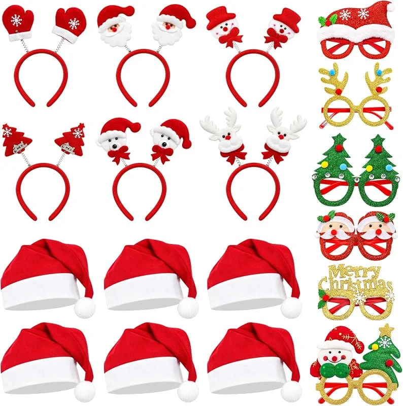 TAIVIN Gafas de Navidad Set 18pz: 6 Gafas + 6 Gorros + 6 Diademas — Ropa Navidad
